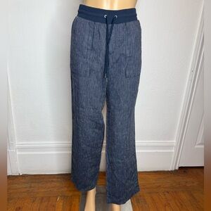 Athleta Stripe Bali Trouser Pants Style 211073 100% Linen Size 10 wide Leg